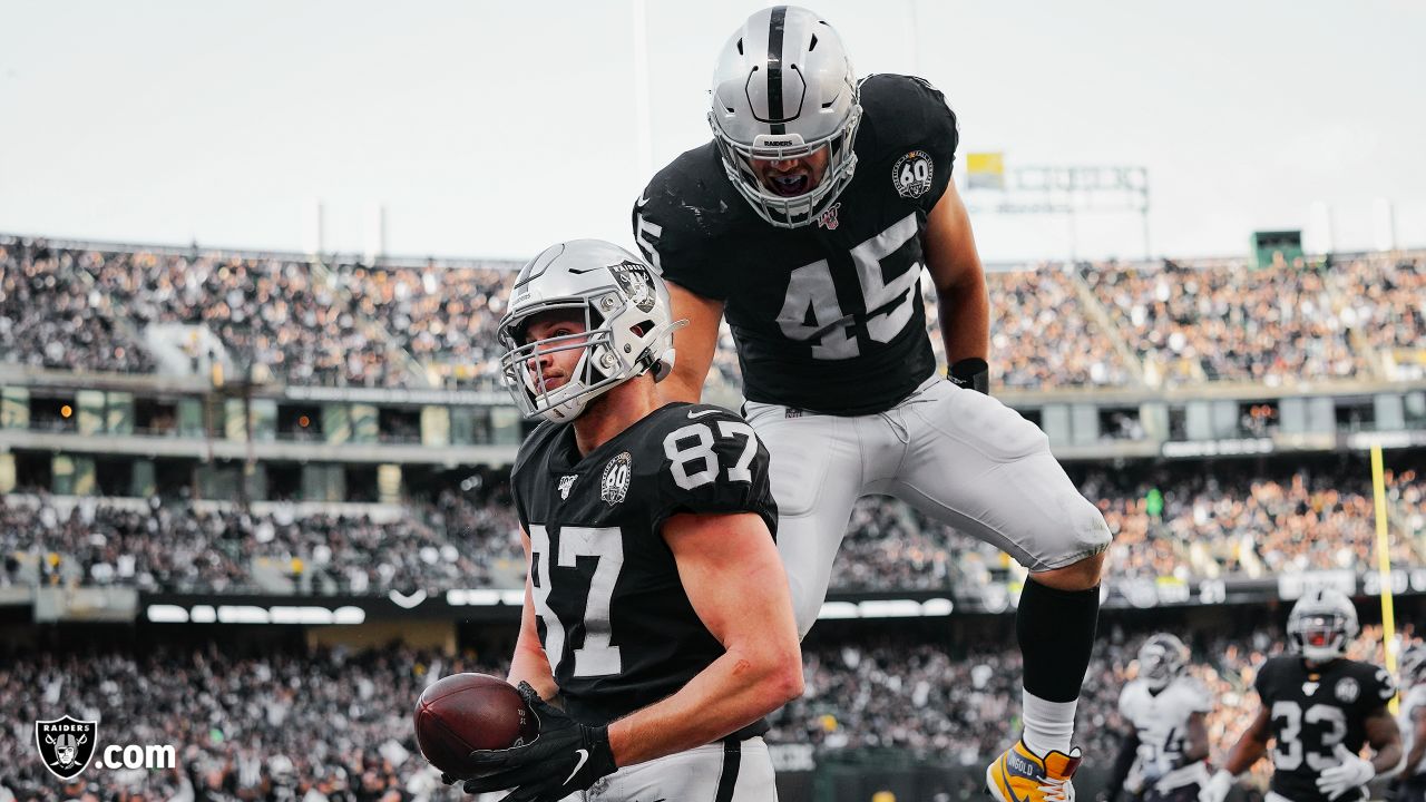 Raiders tight end Foster Moreau (87) moves into position prior to a play  during the second quar …