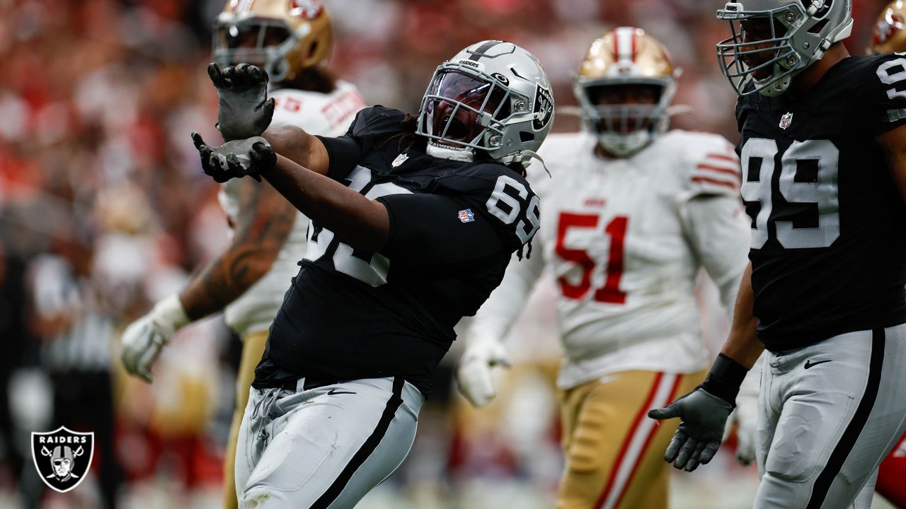 Las Vegas Raiders safety Roderic Teamer (33) celebrates a defensive stop  against the San Francisco 49ers during the first half of an NFL preseason  football game, Sunday, Aug. 13, 2023, in Las