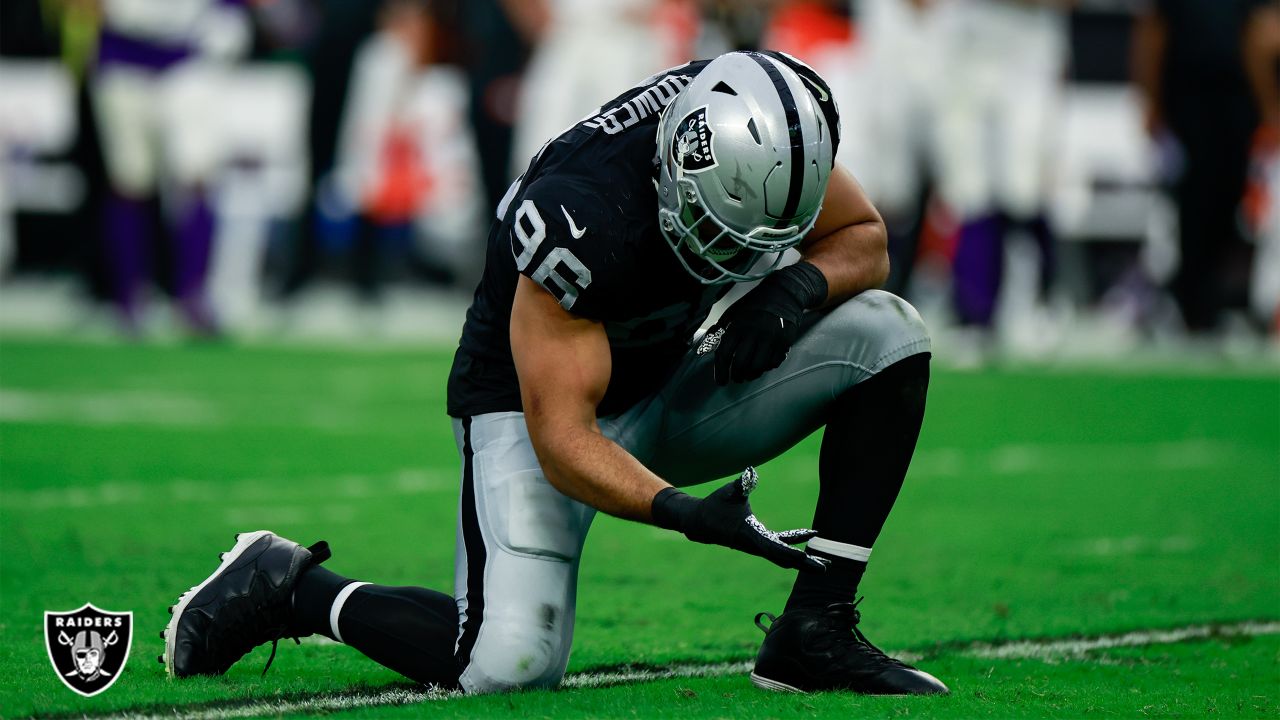 Las Vegas Raiders defensive end Tashawn Bower (96) takes a break on the  sideline during their game against the Tennessee Titans Sunday, Sept. 25,  2022, in Nashville, Tenn. (AP Photo/Wade Payne Stock