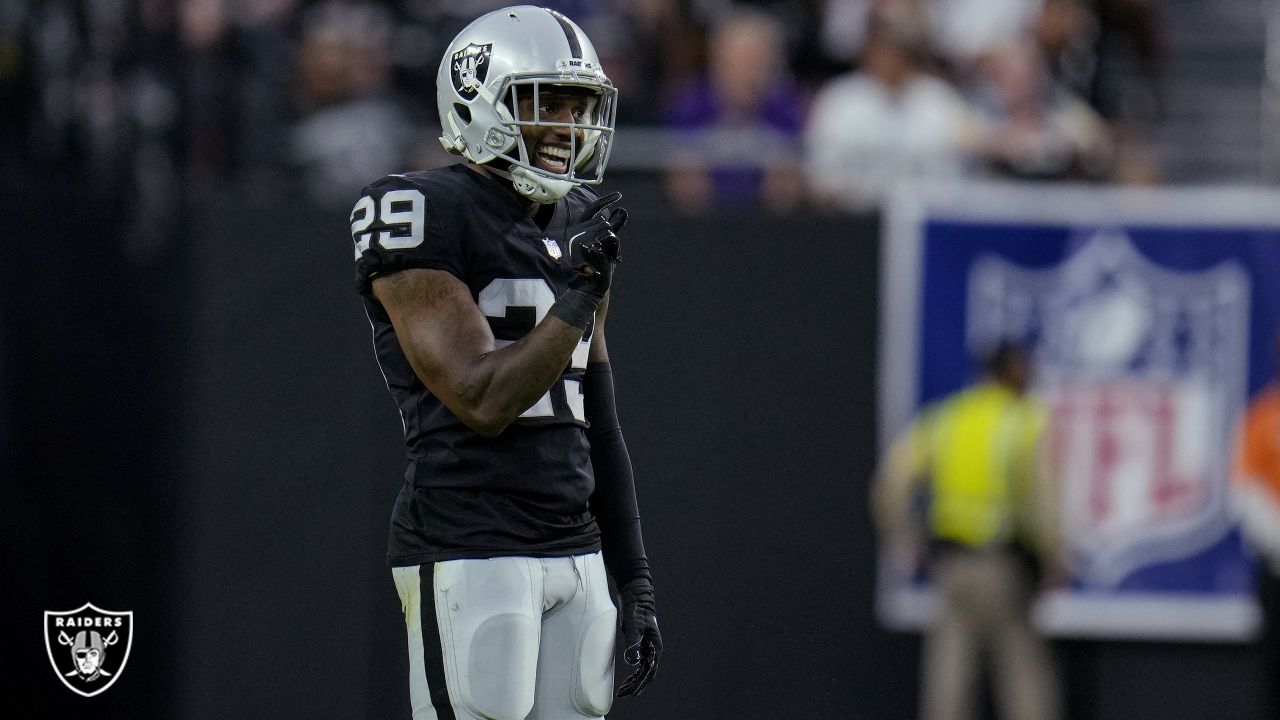 Las Vegas Raiders cornerback Anthony Averett (29) watches action