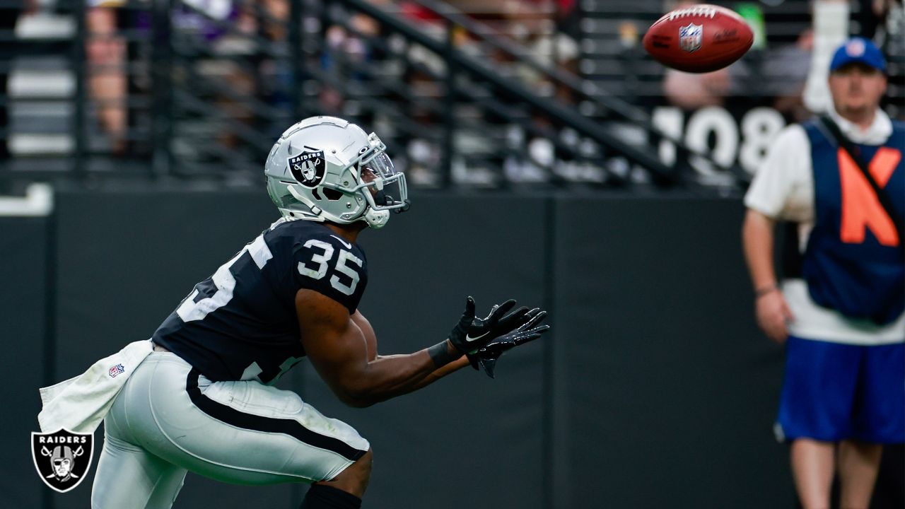 Las Vegas Raiders wide receiver DJ Turner runs with the ball during the  first half of an NFL football game against the Houston Texans Sunday, Oct.  23, 2022, in Las Vegas. (AP