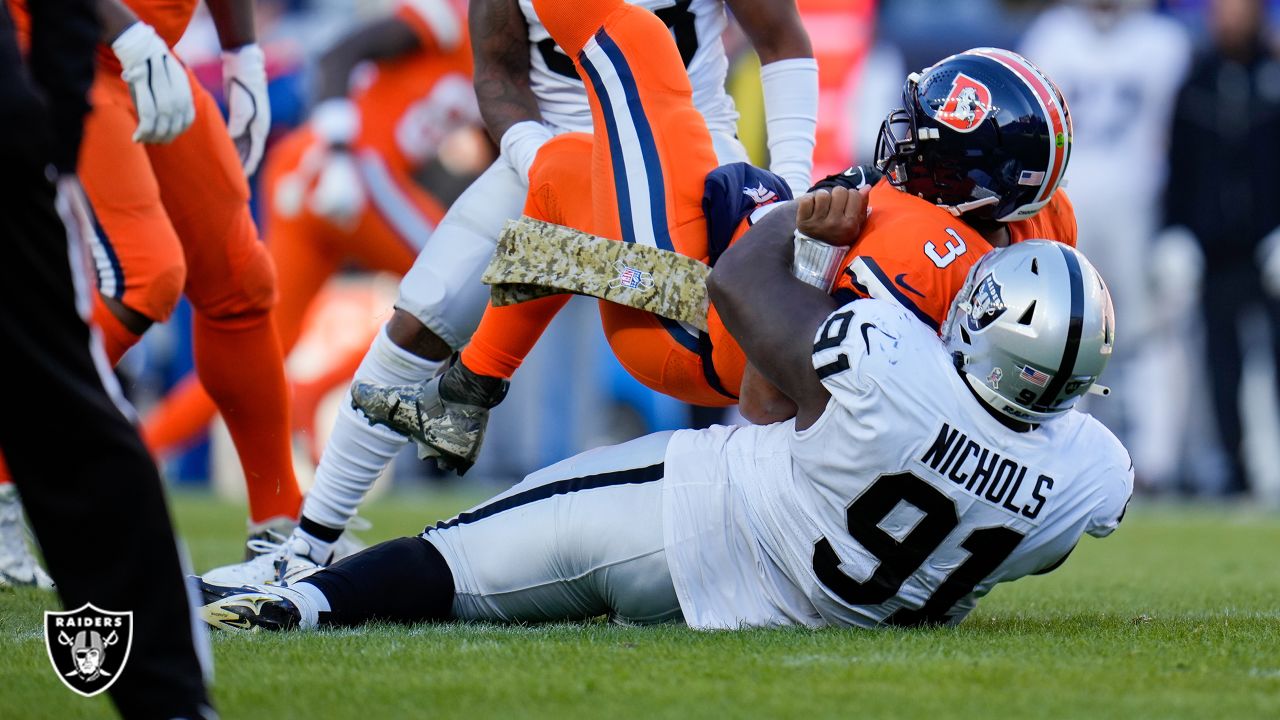 Las Vegas Raiders defensive end Maxx Crosby (98) looks on against the  Denver Broncos during an NFL football game Sunday, Sept. 10, 2023, in  Denver. (AP Photo/Jack Dempsey Stock Photo - Alamy