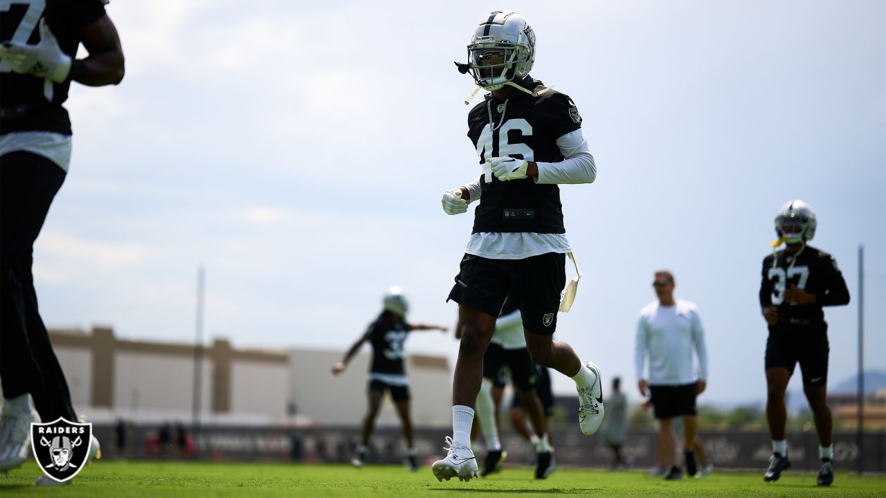 Las Vegas Raiders safety Jaquan Johnson (26) is seen during warm ups before  an NFL preseason football game against the Dallas Cowboys, Saturday, Aug.  26, 2023, in Arlington, Texas. Dallas won 31-16. (