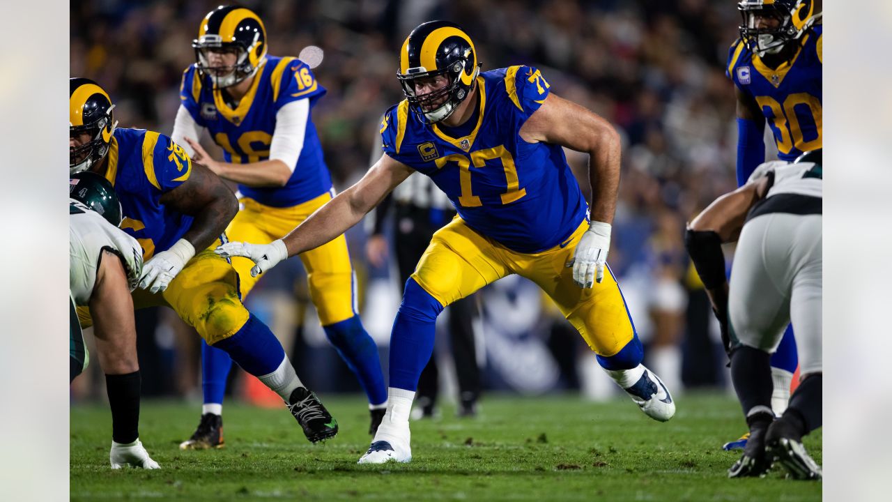 Los Angeles Rams offensive tackle Andrew Whitworth (77) walks back