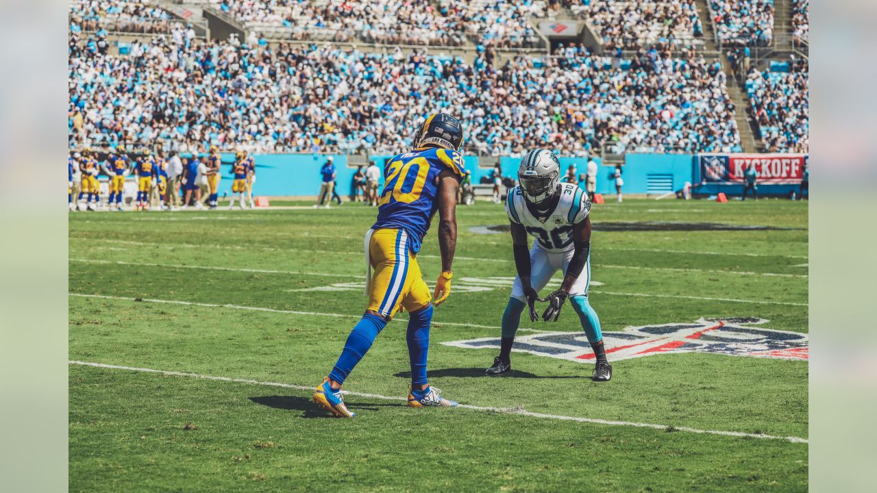 Charlotte, North Carolina, USA. 8th Sep, 2019. Carolina Panthers running  back Christian McCaffrey (22) during game action at Bank of America Stadium  in Charlotte, NC. Los Angeles Rams free safety Eric Weddle (