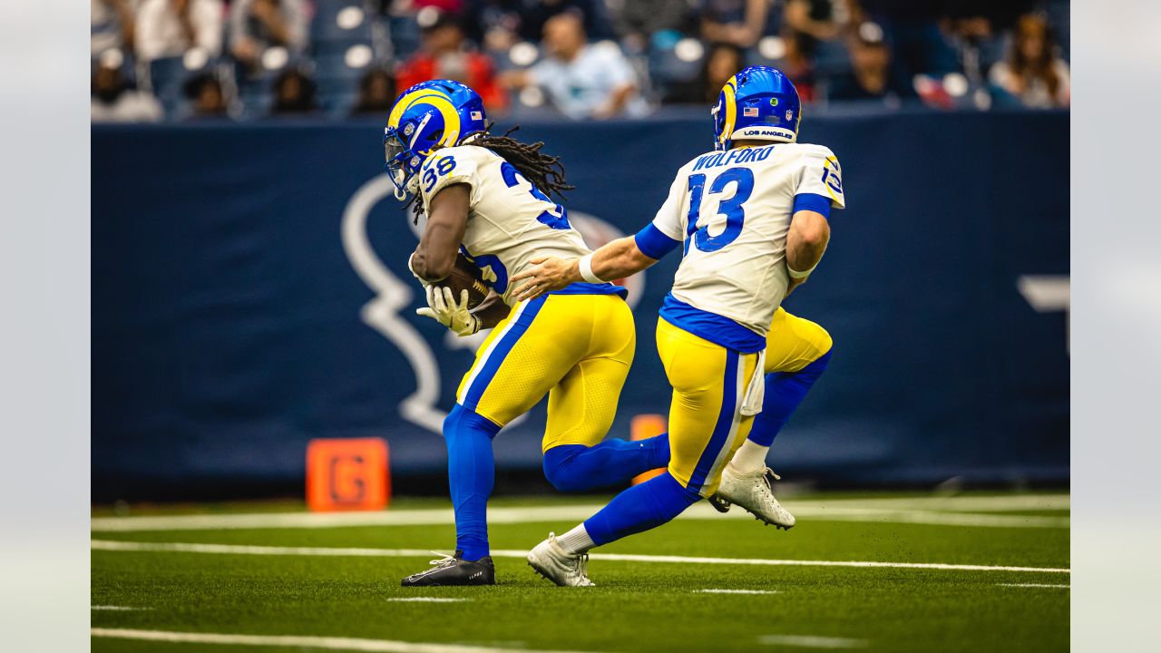 Los Angeles Rams quarterback John Wolford (13) throws during a NFL preseason  game against the Houston Texans, Friday, August 19, 2022, at SoFi Stadium  Stock Photo - Alamy