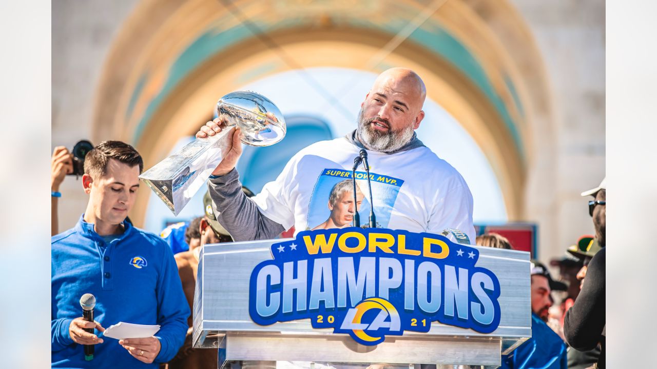 Los Angeles, United States. 14th Feb, 2022. Los Angeles Rams quarterback Matthew  Stafford (L) and offensive tackle Andrew Whitworth hold the Vince Lombardi  Trophy while celebrating after the Rams defeated the Cincinnati