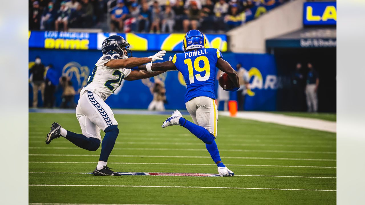 INGLEWOOD, CA - SEPTEMBER 18: Los Angeles Rams Wide Receiver Brandon Powell  (19) runs the ball backwards to score an intentional safety in the fourth  quarter during an NFL game between the