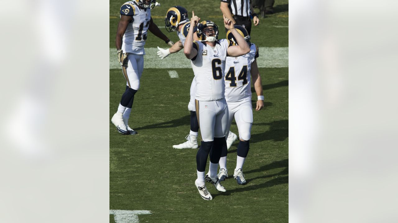 Los Angeles Rams punter Johnny Hekker warms up before an NFL wild