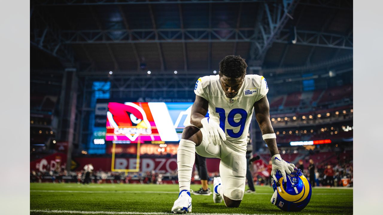 INGLEWOOD, CA - SEPTEMBER 18: Los Angeles Rams Wide Receiver Brandon Powell  (19) runs the ball backwards to score an intentional safety in the fourth  quarter during an NFL game between the