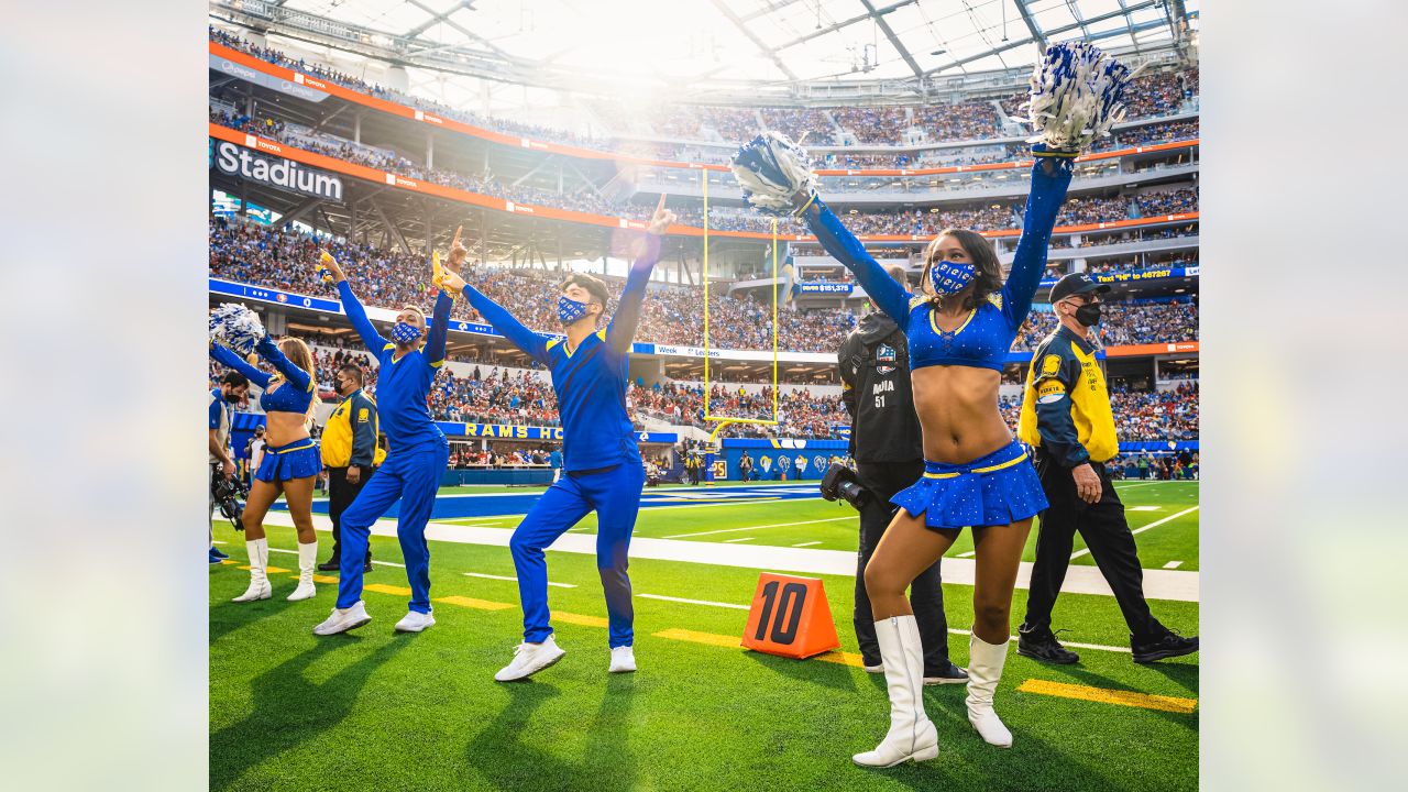 INGLEWOOD, CA - SEPTEMBER 18: Rams cheerleaders perform during an NFL game  between the Atlanta Falcons and the Los Angeles Rams on September 18, 2022,  at SoFi Stadium in Inglewood, CA. (Photo