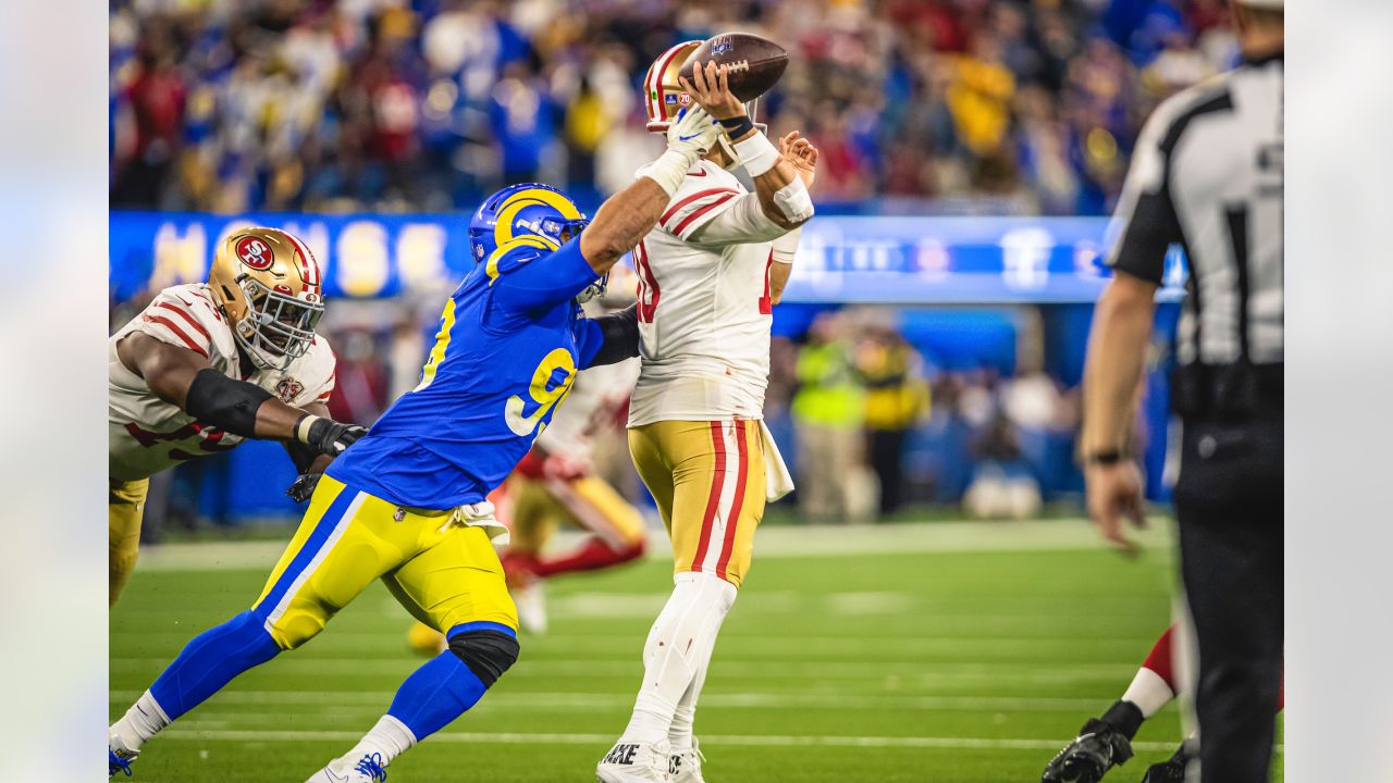 Los Angeles, California, USA. 13th Feb, 2022. Los Angeles Rams defensive  tackle Aaron Donald (99) celebrates his game winning sack at the NFL Super  Bowl 56 LVI football game between the Los