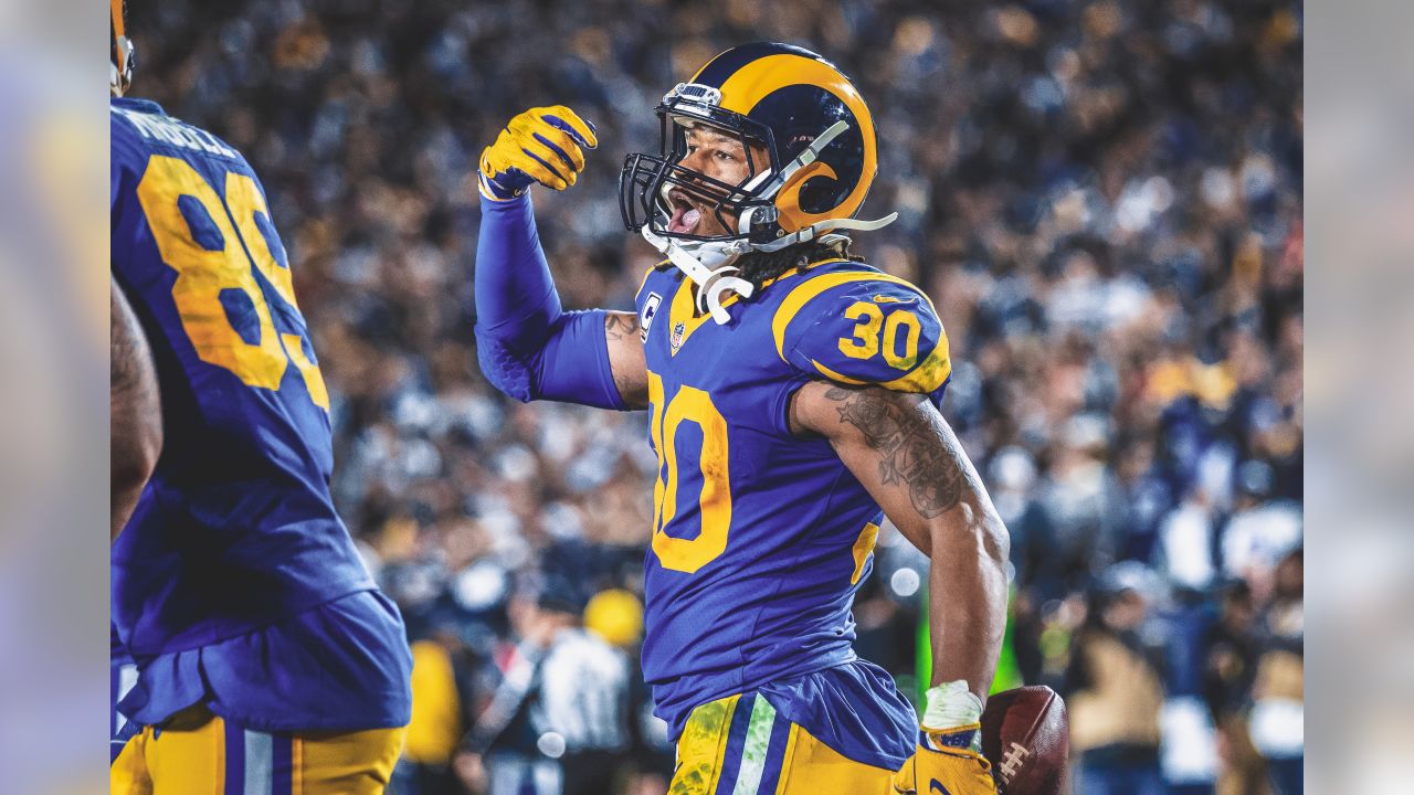Los Angeles Rams running back Todd Gurley (30) celebrates a touchdown during an NFL Divisional playoff game against the Dallas Cowboys on January 12th, 2019at the Memorial Coliseum in Los Angeles, Calif. (Hiro Ueno/Rams)