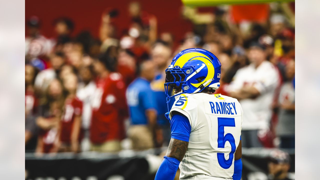 Los Angeles Rams cornerback Jalen Ramsey (5) during an NFL football game  against the Arizona Cardinals, Sunday, Oct. 3, 2021, in Inglewood, Calif.  The Arizona Cardinals defeated the Los Angeles Rams 37-20. (