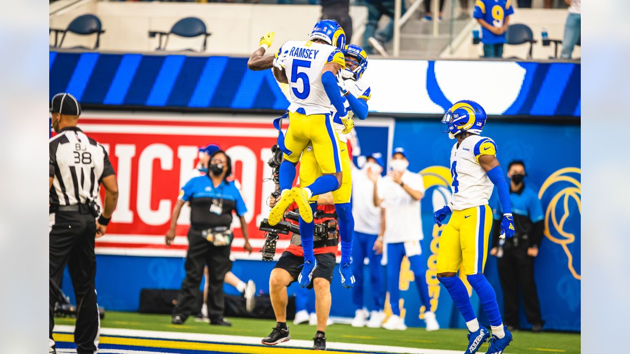 Los Angeles Rams cornerback Jalen Ramsey (5) intercepts a pass