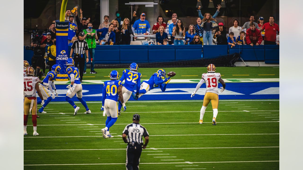 Los Angeles Rams cornerback Jalen Ramsey (5) intercepts a pass