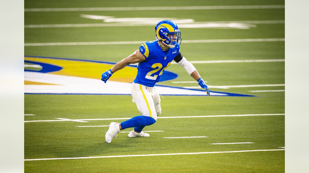 Los Angeles Rams cornerback Troy Hill, right, celebrates with Taylor Rapp  (24) after intercepting a pass against the Buffalo Bills during the first  half of an NFL football game Thursday, Sept. 8