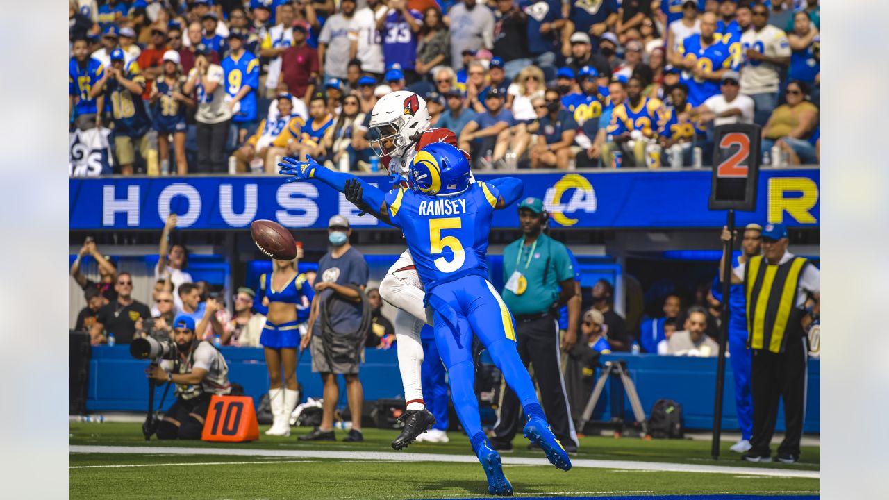 Los Angeles Rams cornerback Jalen Ramsey (5) grabs the jersey of