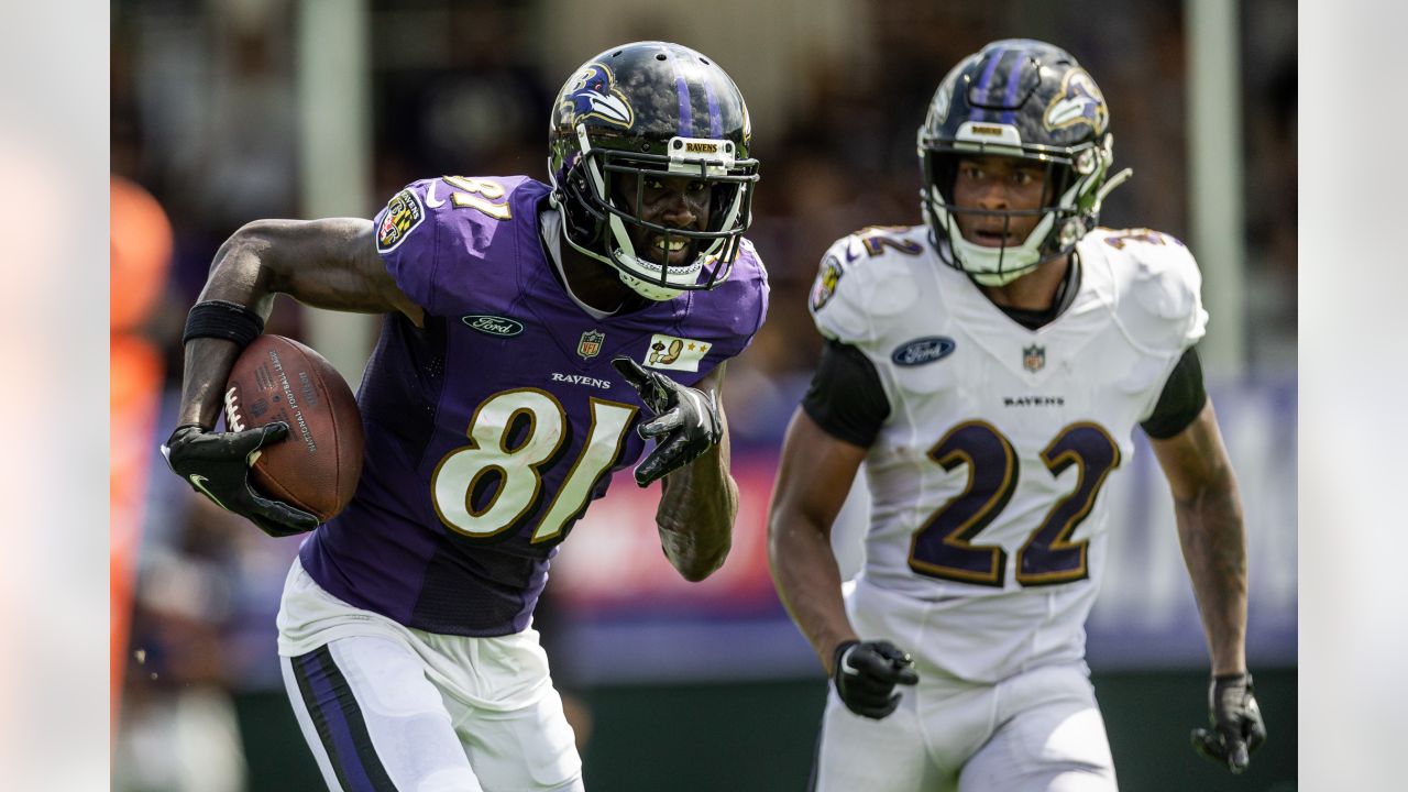 Baltimore Ravens wide receiver Devin Duvernay (13) returns a kick during an  NFL football game against the Tampa Bay Buccaneers, Thursday, Oct. 27, 2022  in Tampa, Fla. The Ravens defeat the Buccaneers