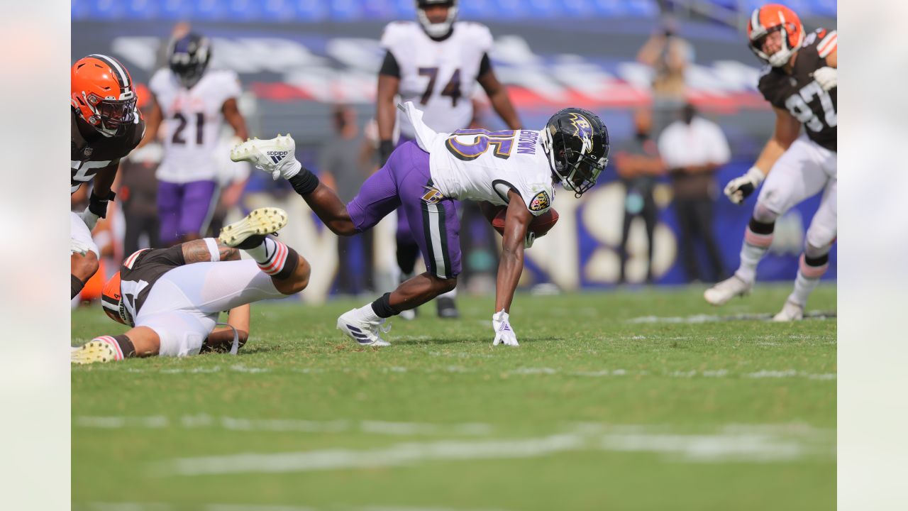 Baltimore Ravens TE Mark Andrews (89) celebrates with Baltimore Ravens WR  Marquise Brown (5) after Andrews' fourth quarter touchdown during a game  against the Indianapolis Colts at M&T Bank Stadium in Baltimore