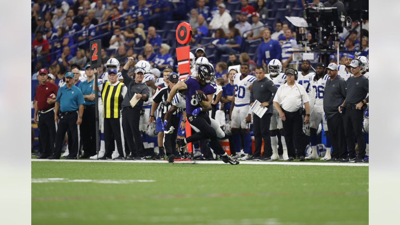 August 20, 2018: Baltimore Ravens offensive lineman Ronnie Stanley (79)  during NFL football preseason game action between the Baltimore Ravens and  the Indianapolis Colts at Lucas Oil Stadium in Indianapolis, Indiana.  Baltimore