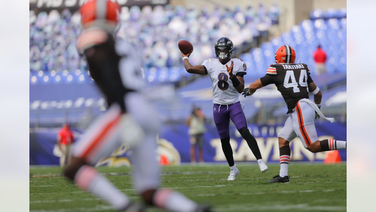 Baltimore Ravens TE Mark Andrews (89) celebrates with Baltimore Ravens WR  Marquise Brown (5) after Andrews' fourth quarter touchdown during a game  against the Indianapolis Colts at M&T Bank Stadium in Baltimore