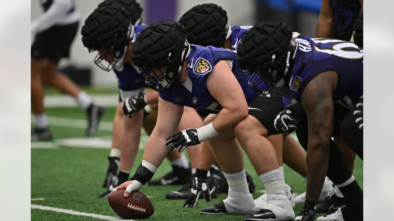 Baltimore Ravens center Tyler Linderbaum (64) shows support for his chosen  charity on his cleats, as part of the NFL's My Cause My Cleats initiative,  during warm-ups ahead of an NFL football