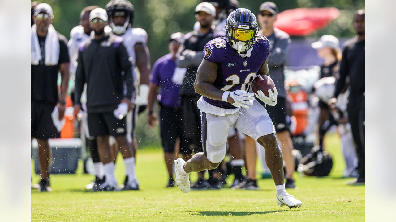 Baltimore Ravens wide receiver Devin Duvernay (13) returns a kick during an  NFL football game against the Tampa Bay Buccaneers, Thursday, Oct. 27, 2022  in Tampa, Fla. The Ravens defeat the Buccaneers