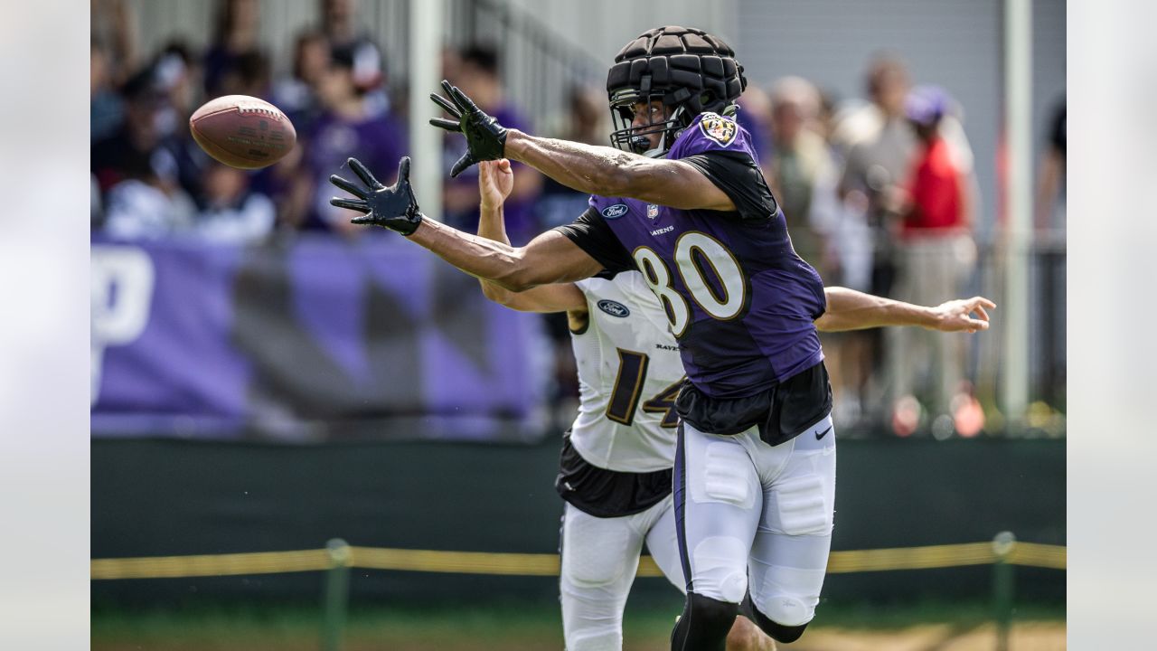 Baltimore Ravens wide receiver Devin Duvernay (13) returns a kick during an  NFL football game against the Tampa Bay Buccaneers, Thursday, Oct. 27, 2022  in Tampa, Fla. The Ravens defeat the Buccaneers