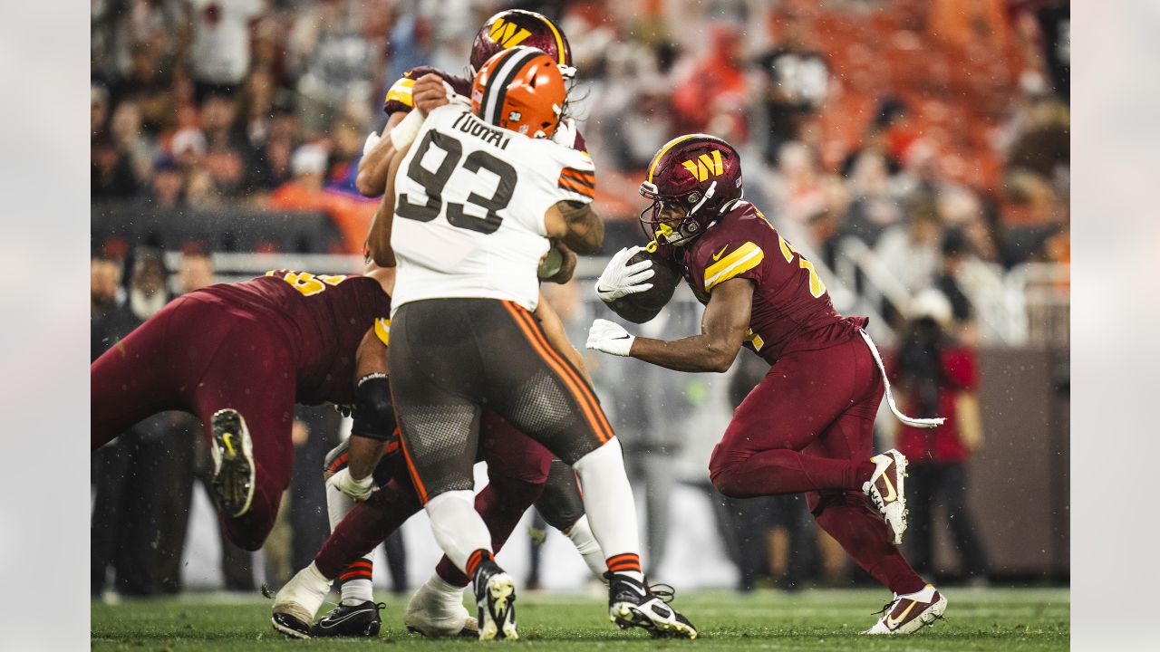 Washington Commanders wide receiver Jahan Dotson (1) lines up for a play  during an NFL pre-season football game against the Cleveland Browns,  Friday, Aug. 11, 2023, in Cleveland. (AP Photo/Kirk Irwin Stock