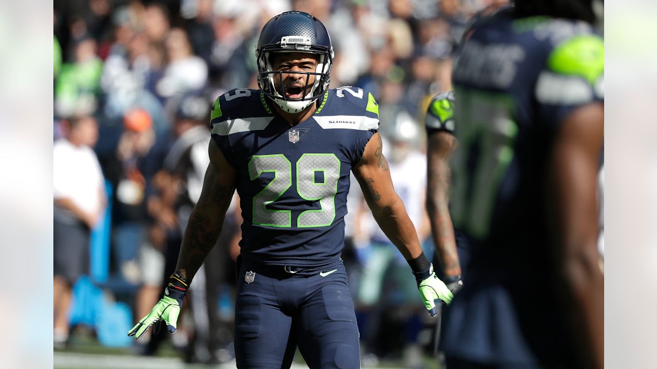 Seattle Seahawks free safety Earl Thomas celebrates a play against the Dallas Cowboys during the first half of an NFL football game, Sunday, Sept. 23, 2018, in Seattle. (AP Photo/Elaine Thompson)