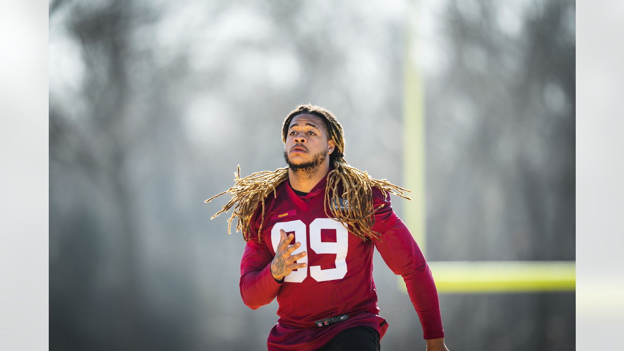 Washington Commanders wide receiver Jahan Dotson (1) lines up for a play  during an NFL pre-season football game against the Cleveland Browns,  Friday, Aug. 11, 2023, in Cleveland. (AP Photo/Kirk Irwin Stock