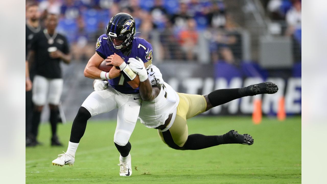 Baltimore Ravens quarterback Tyler Huntley (2) in action against the New  Orleans Saints during the second half of an NFL preseason football game,  Saturday, Aug. 14, 2021, in Baltimore. (AP Photo/Nick Wass