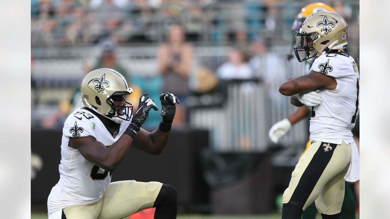 New Orleans Saints cornerback Vincent Gray (35) plays defense during an NFL  preseason football game against the Green Bay Packers Friday, Aug. 19,  2022, in Green Bay, Wis. (AP Photo/Jeffrey Phelps Stock