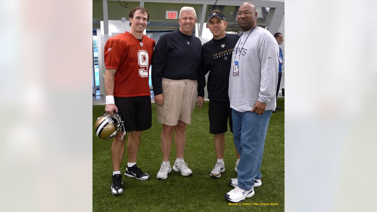 NBC Sports commentators Mike Tirico and former New Orleans Saints  quarterback Drew Brees broadcast from the field before an NFL football game  between the New Orleans Saints and the Buffalo Bills, Thursday