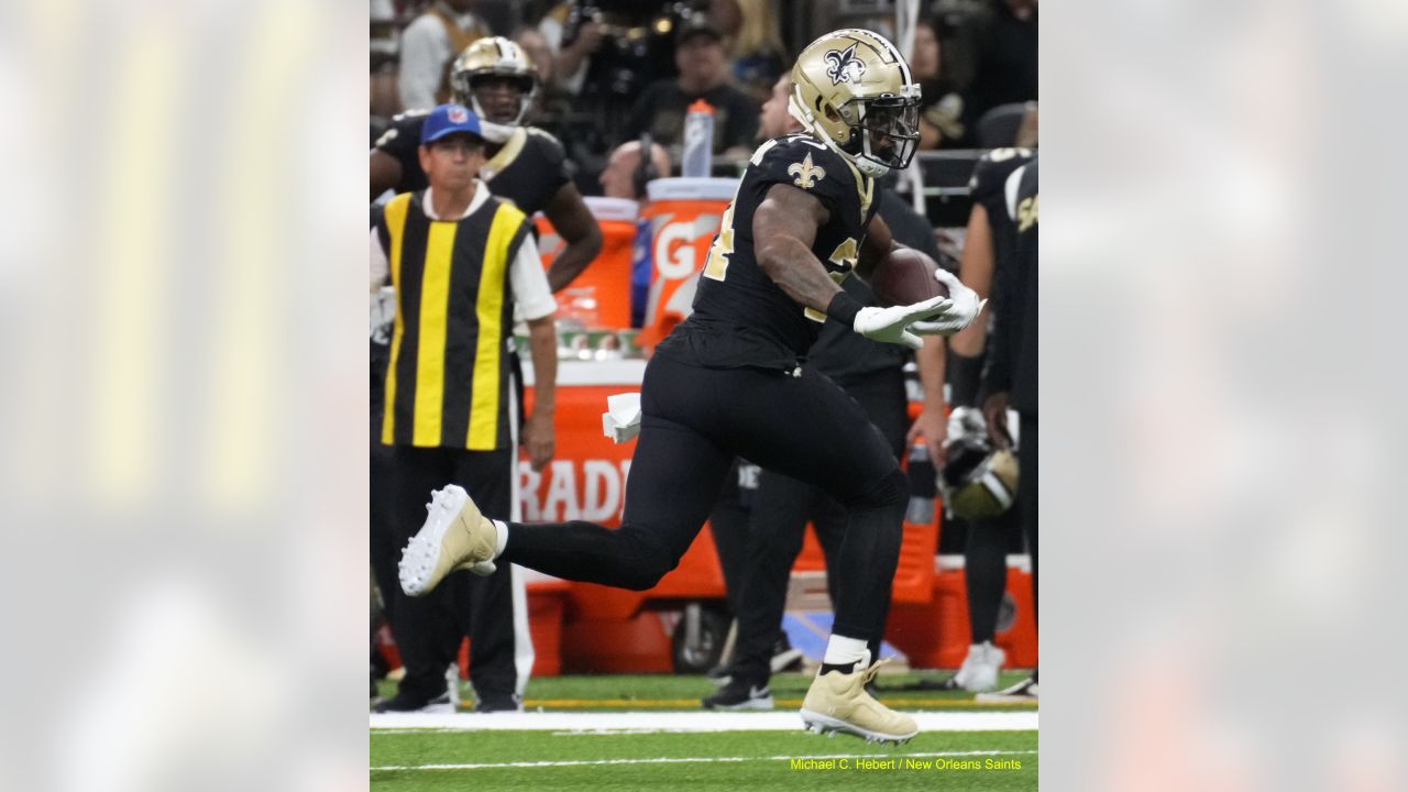 New Orleans Saints wide receiver Chris Olave (12) runs a route during an  NFL football game against the Tampa Bay Buccaneers, Sunday, Sept. 18, 2022,  in New Orleans. (AP Photo/Jonathan Bachman Stock