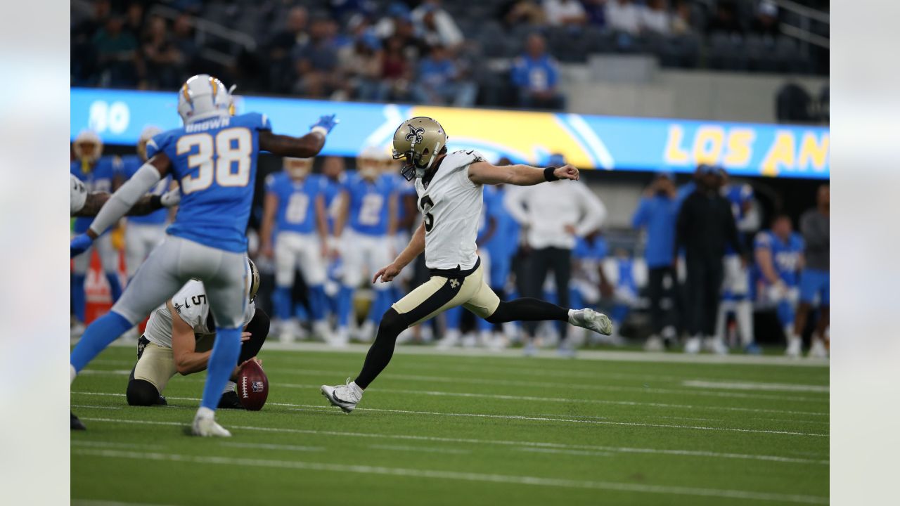 Los Angeles Chargers safety Raheem Layne (41) takes his stance during an  NFL preseason football game against the New Orleans Saints, Sunday, Aug.  20, 2023, in Inglewood, Calif. (AP Photo/Kyusung Gong Stock