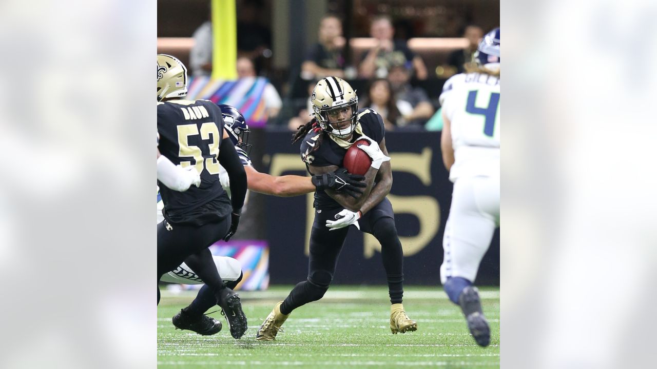 New Orleans Saints wide receiver Lil'Jordan Humphrey during an NFL football  game against the Seattle Seahawks, Monday, Oct. 25, 2021, in Seattle. The  Saints won 13-10. (AP Photo/Ben VanHouten Stock Photo - Alamy