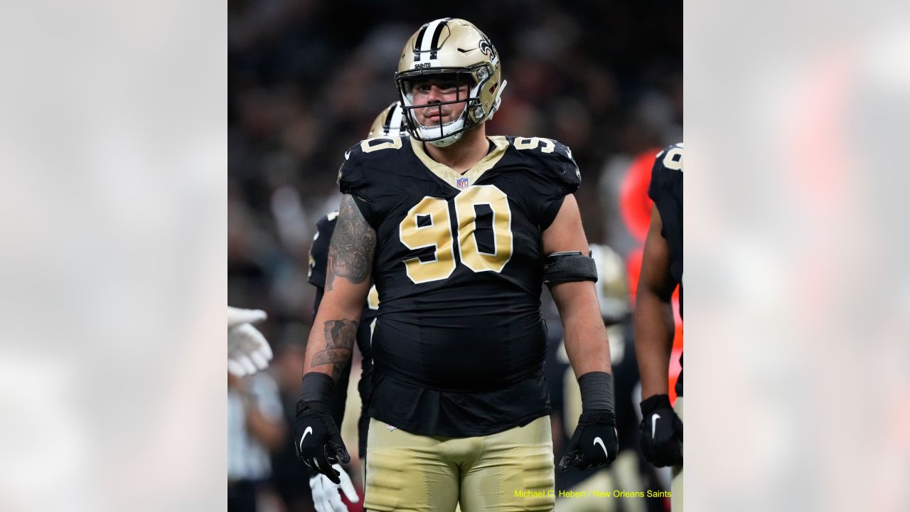 New Orleans Saints defensive tackle Bryan Bresee (90) lines up for a play  in the second half of an NFL football game against the Kansas City Chiefs  in New Orleans, Sunday, Aug.