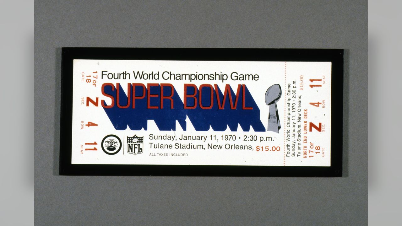 This photo shows the official ticket for Superbowl IV played in Tulane Stadium Jan. 11, 1970, in New Orleans. (NFL Photos via AP)