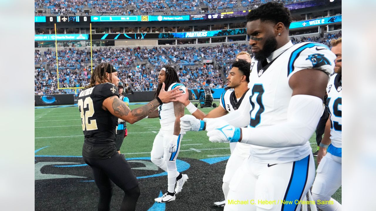 New Orleans Saints wide receiver Chris Olave (12) plays against the  Carolina Panthers during an NFL football game Monday, Sept. 18, 2023, in  Charlotte, N.C. (AP Photo/Jacob Kupferman Stock Photo - Alamy