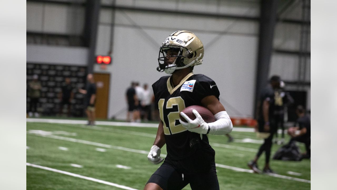 New Orleans Saints wide receiver Chris Olave (12) runs through drills  during training camp at their NFL football training facility in Metairie,  La., Thursday, Aug. 4, 2022. (AP Photo/Gerald Herbert Stock Photo - Alamy