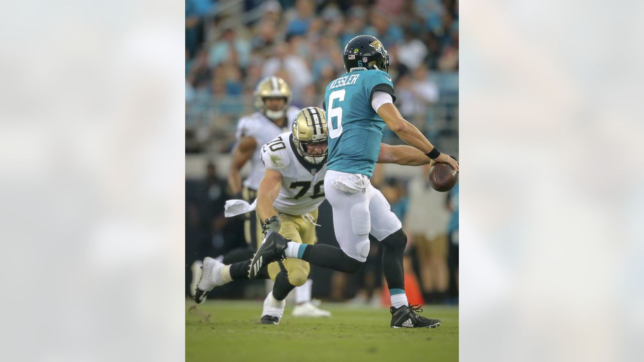 New Orleans Saints fans react to a replay call during the second half of an  NFL football game against the Jacksonville Jaguars, Sunday, Oct. 13, 2019,  in Jacksonville, Fla. (AP Photo/Stephen B.