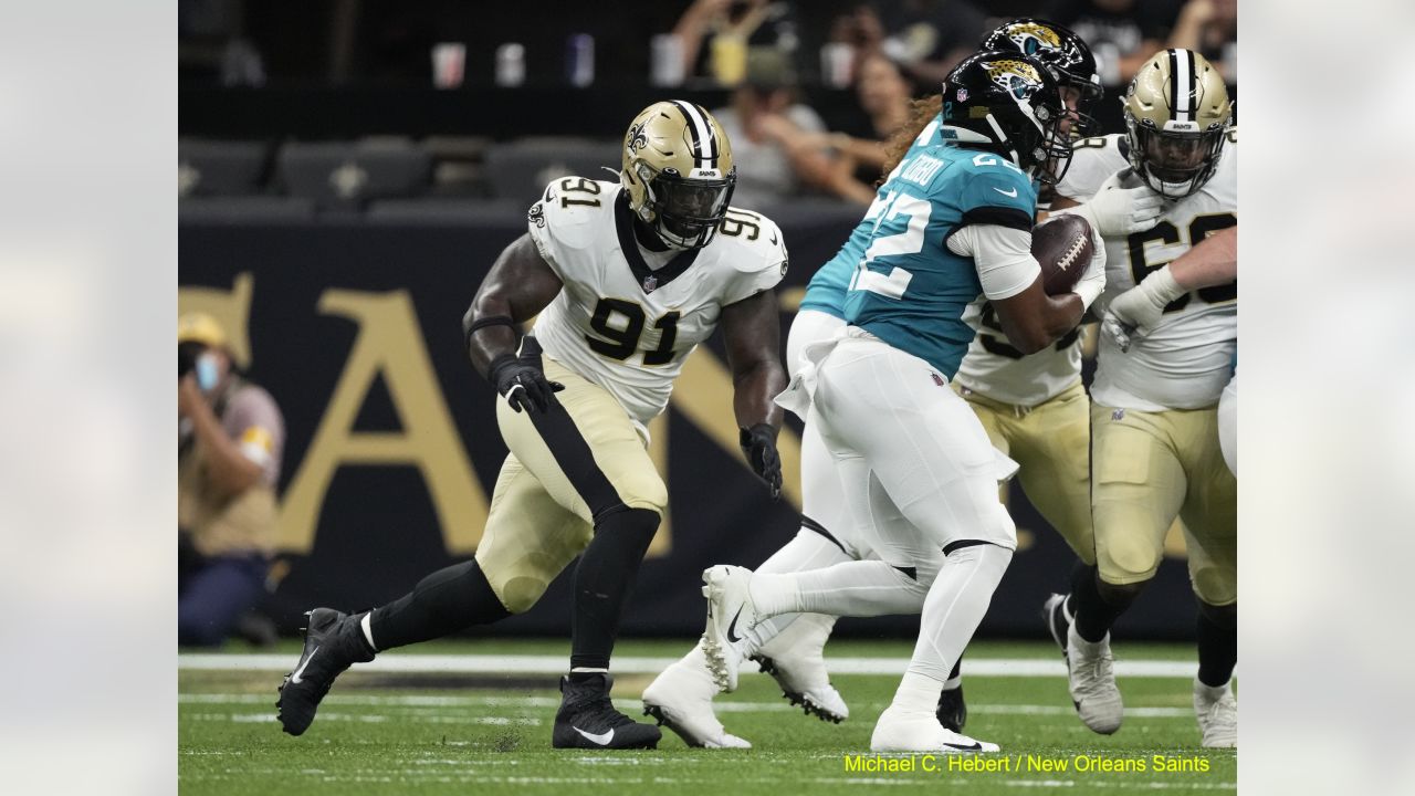 New Orleans Saints fans react to a replay call during the second half of an  NFL football game against the Jacksonville Jaguars, Sunday, Oct. 13, 2019,  in Jacksonville, Fla. (AP Photo/Stephen B.