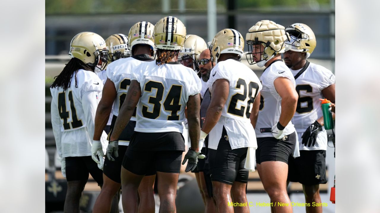 New Orleans Saints linebacker Nephi Sewell (45) signs autographs during the  Back Together Weekend fan appreciation initiative at the NFL team's  football training camp in Metairie, La., Saturday, July 29, 2023. (AP