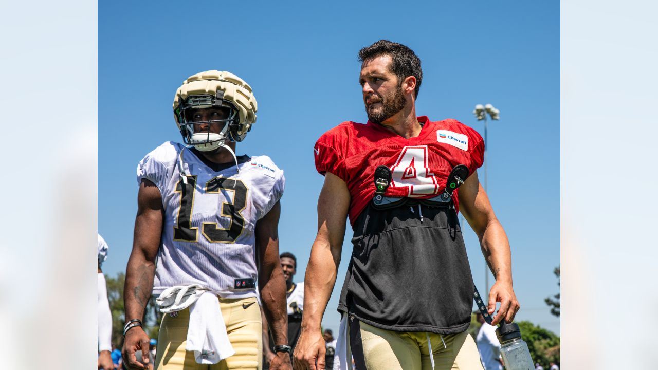 New Orleans, USA. August 13, 2023: Saints tight end and former LSU Tiger  Foster Moreau (82) leads the Who Dat chant prior to NFL pre-season game  action between the New Orleans Saints