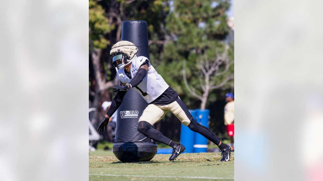 August 1, 2019: Saints defensive back Marshon Lattimore (23) tries to jam  wide receiver Michael Thomas (13) at the line of scrimmage during practice  on August 1, 2019 at the Ochsner Sports