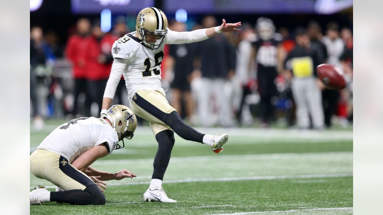 The Atlanta Falcons play the against the New Orleans Saints at the line of  scrimmage during the first half of an NFL football game, Thursday, Nov. 28,  2019, in Atlanta. (AP Photo/John