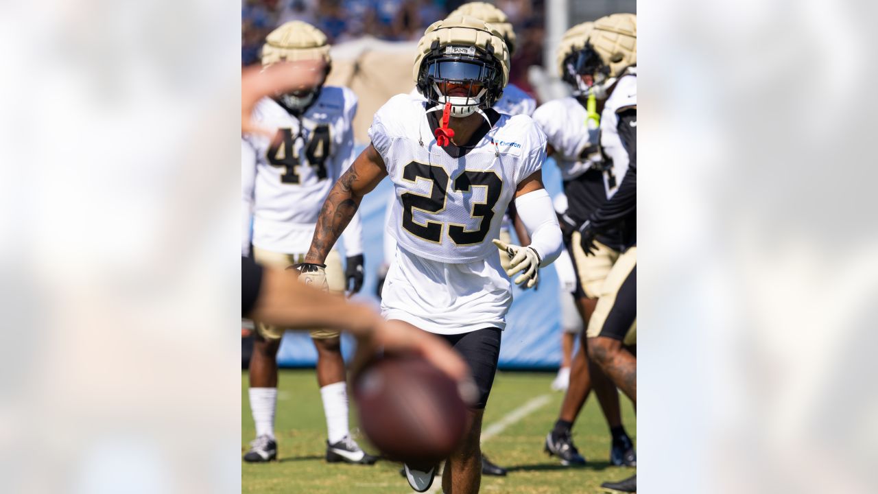 August 1, 2019: Saints defensive back Marshon Lattimore (23) tries to jam  wide receiver Michael Thomas (13) at the line of scrimmage during practice  on August 1, 2019 at the Ochsner Sports