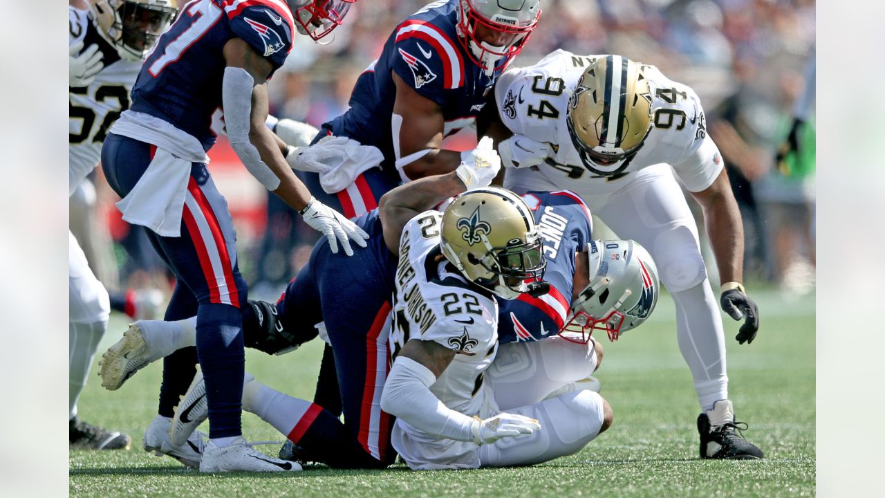 New England Patriots' Jakob Johnson before an NFL football game against the  New Orleans Saints at Gillette Stadium, Sunday,Sept. 26, 2021 in  Foxborough, Mass. (Winslow Townson/AP Images for Panini Stock Photo 